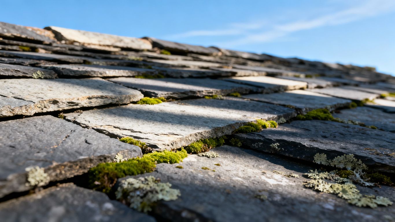 Close-up of weathered grey slate roof tiles with moss.