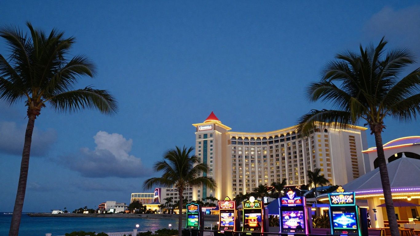 Curacao casino resort at twilight with palm trees