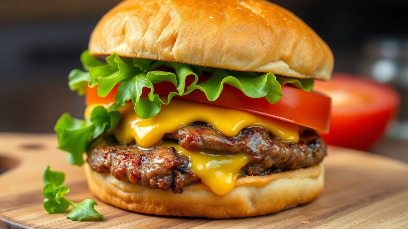 Juicy hamburger with melted cheese and fresh toppings.