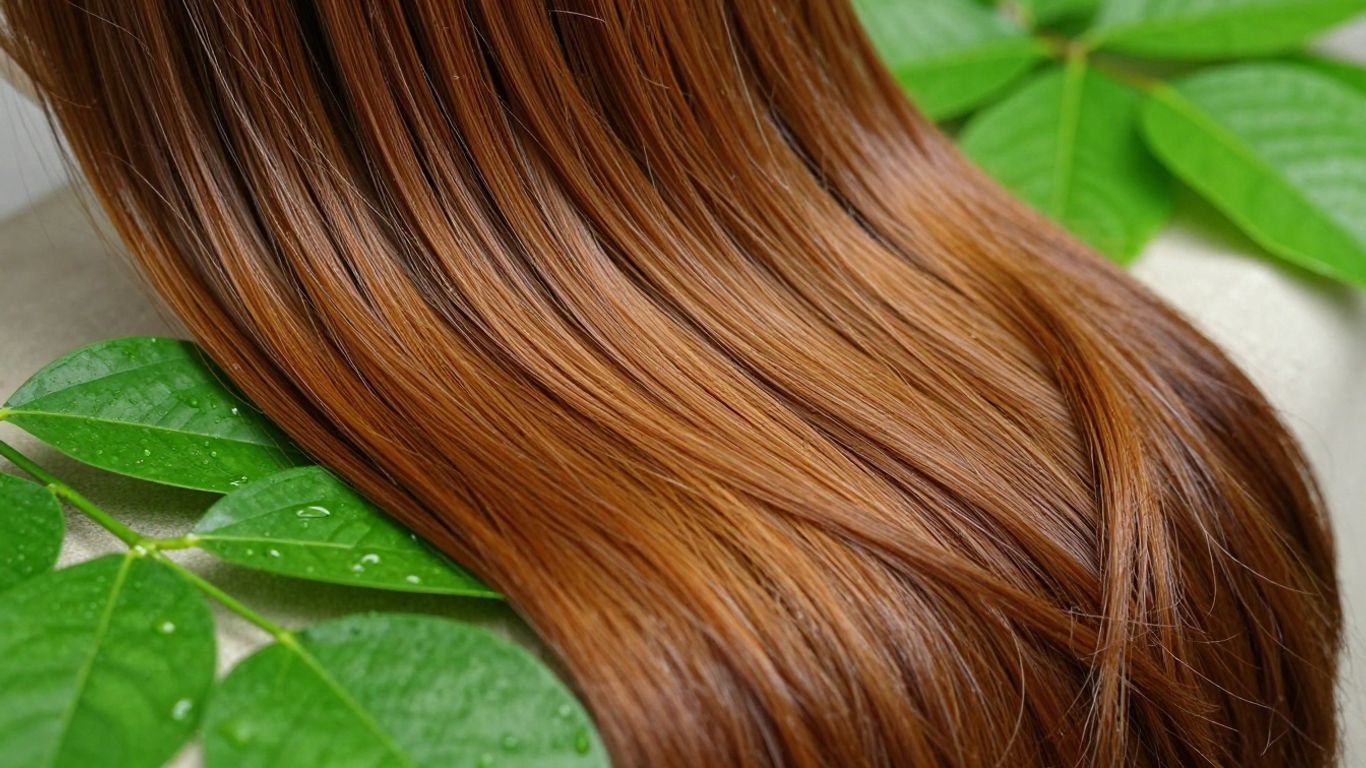Healthy, long hair with natural shine and green leaves.