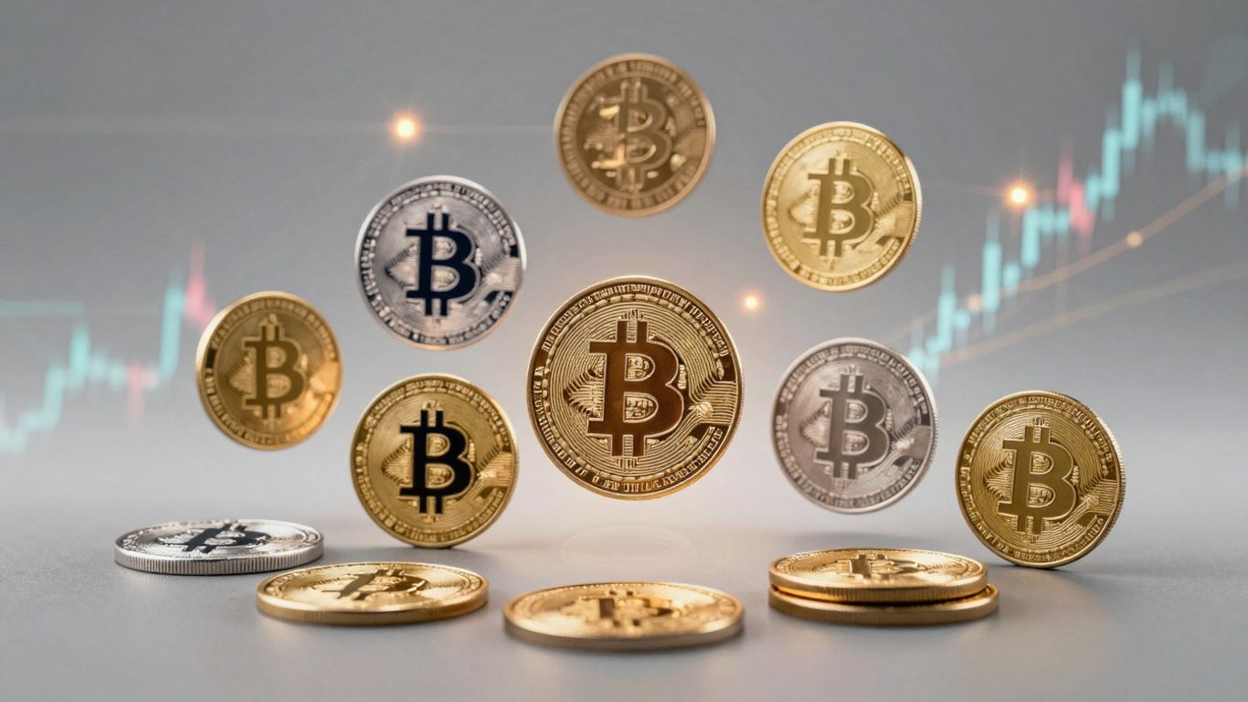 Diverse cryptocurrency assets and abstract market growth visualization.