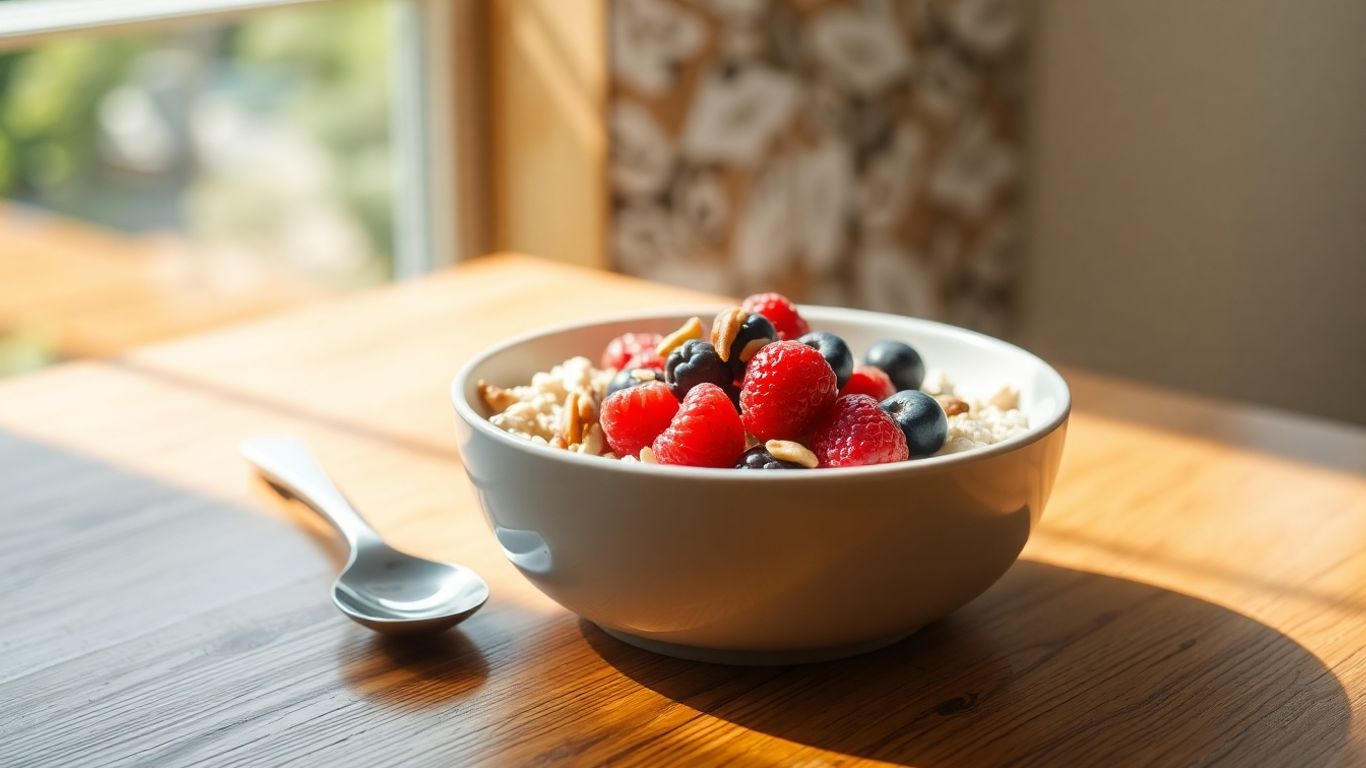 Bowl of oatmeal with berries and nuts.