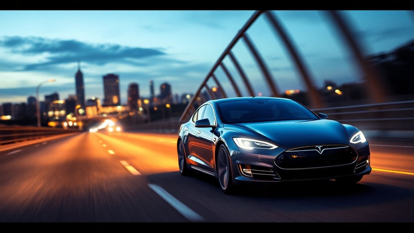 Tesla Model S driving on highway at dusk.