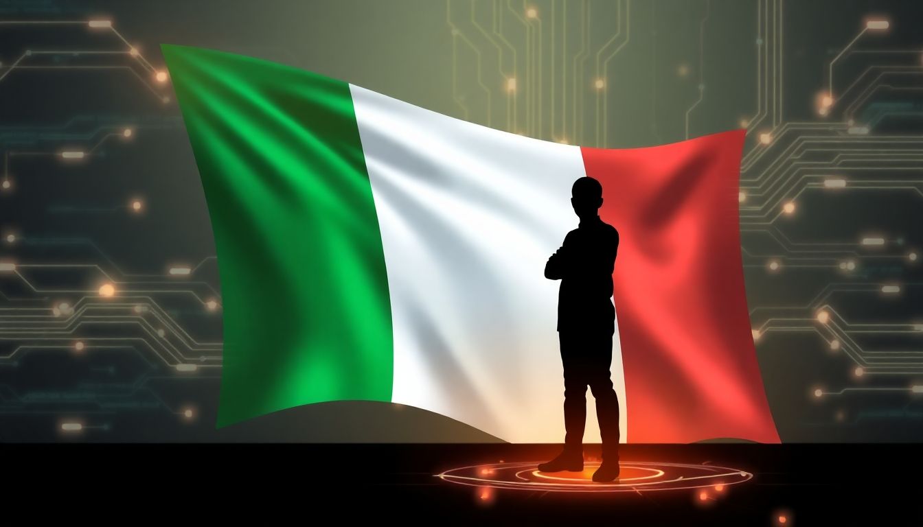 Italian flag with AI circuitry and human silhouette.