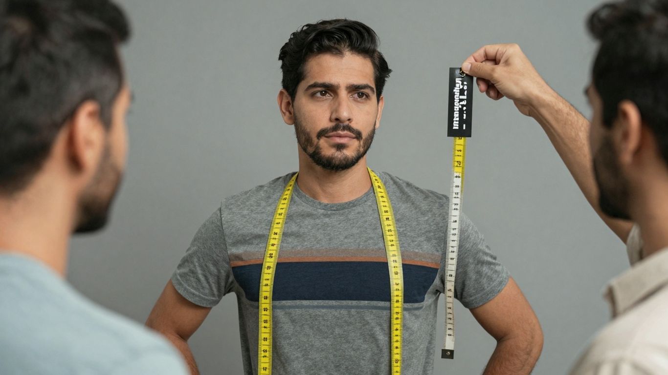 Man comparing clothing sizes, Asian vs US.