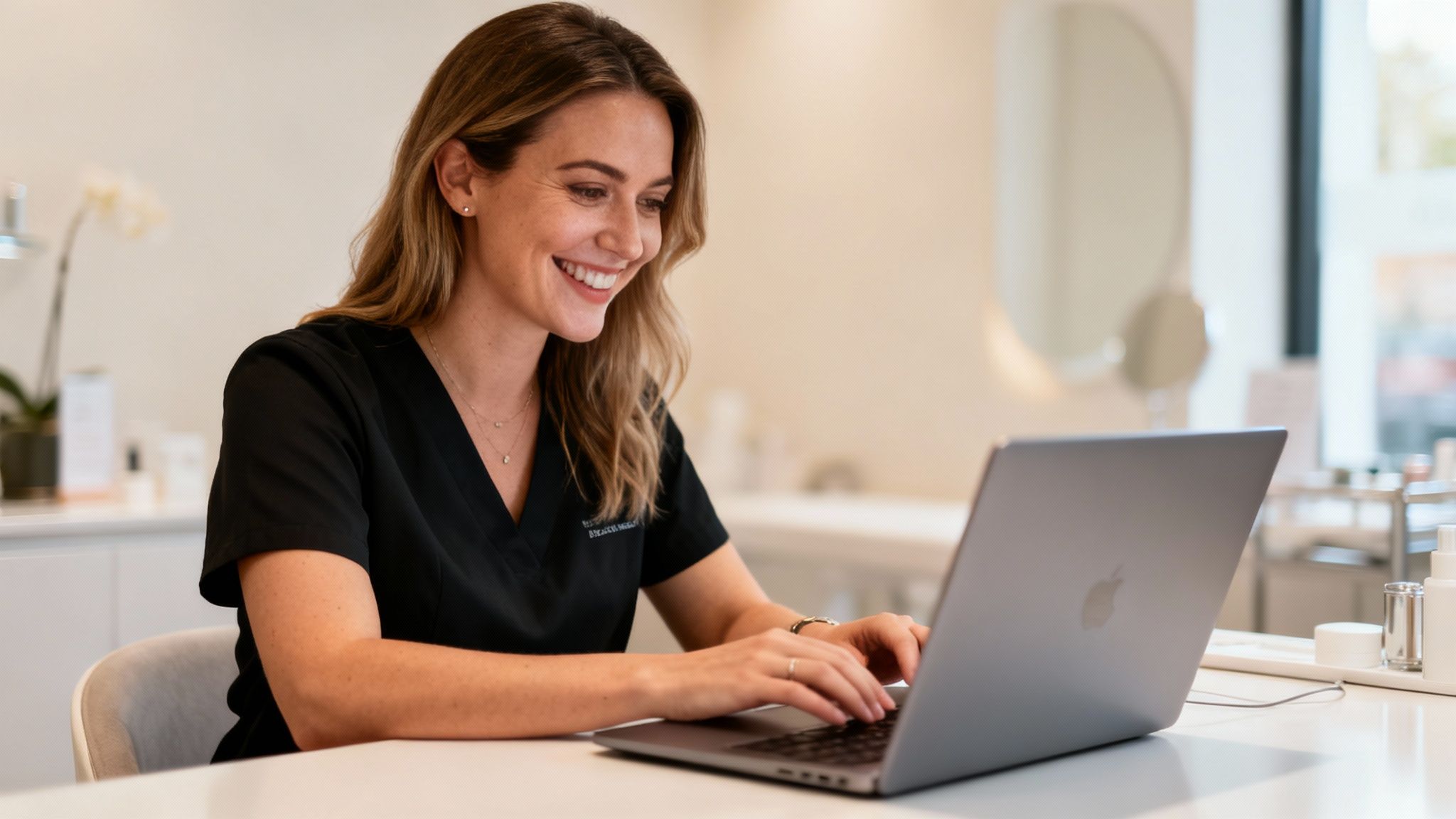 Beauty clinic owner using a laptop for website design.