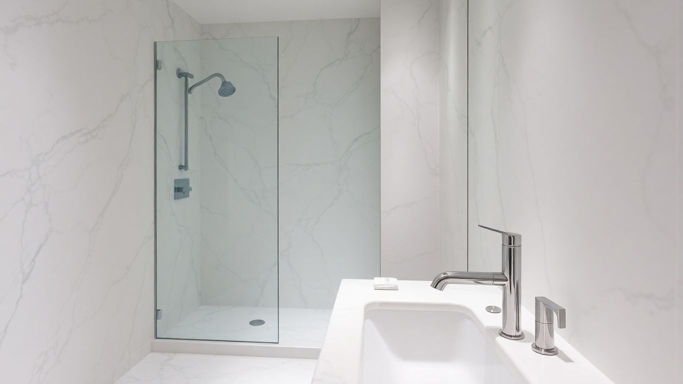 Elegant marble hotel bathroom with a modern shower.