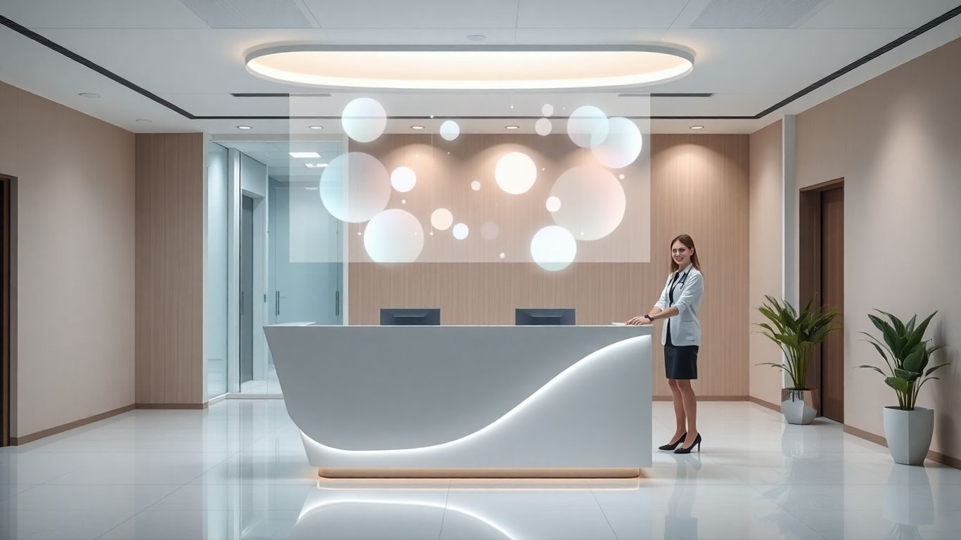 AI receptionist interface at a clinic front desk.