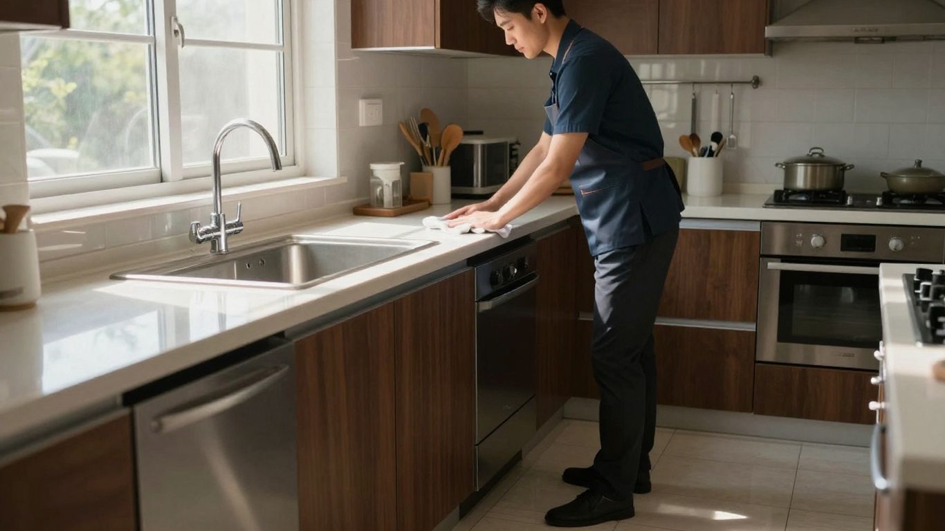 Professional house cleaning in progress, spotless kitchen.