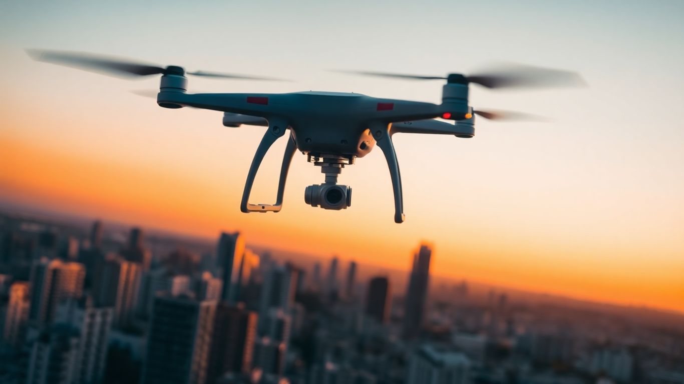 Drone flying over city at sunset.