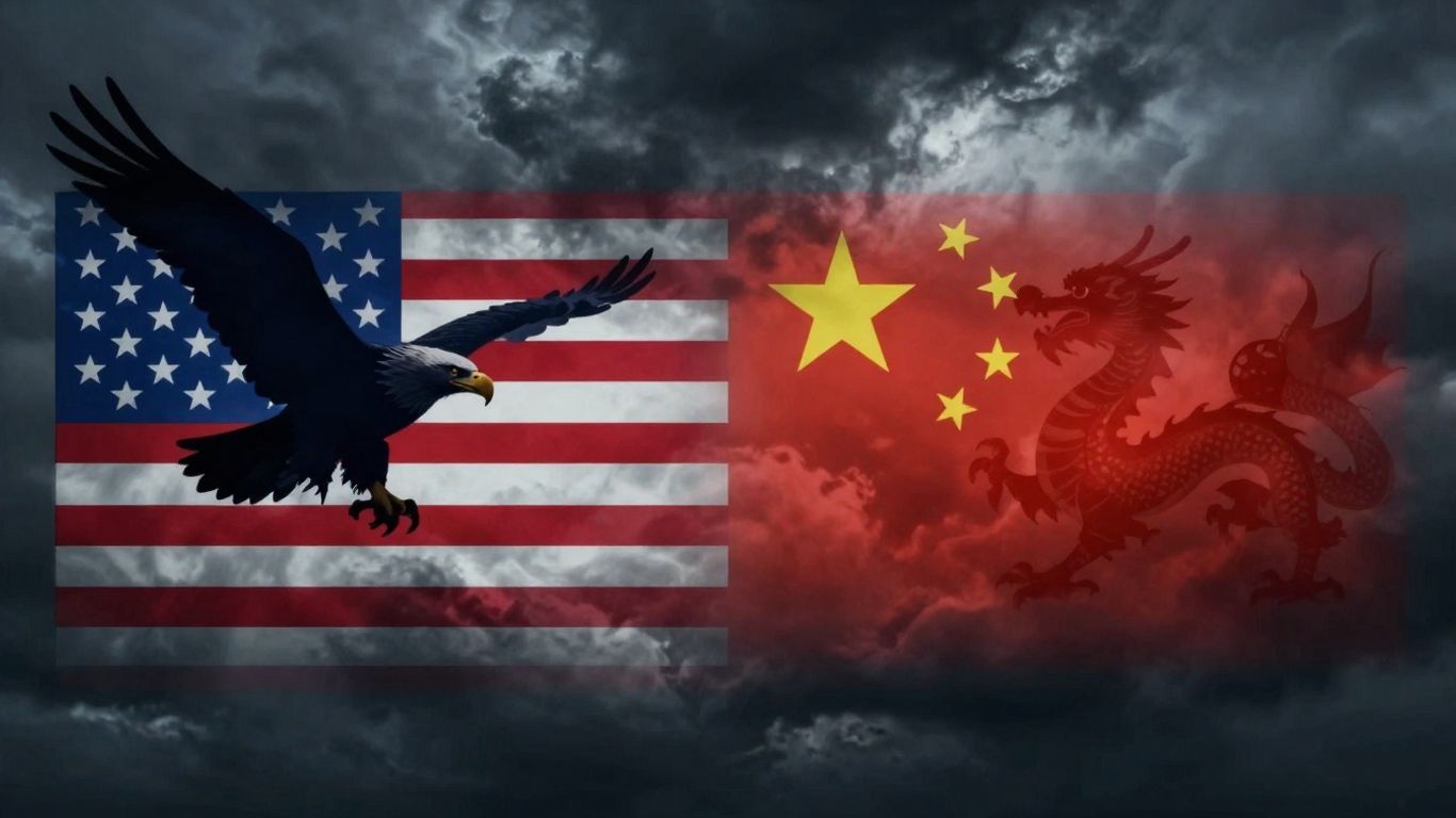 US and China flags with eagle and dragon silhouettes.