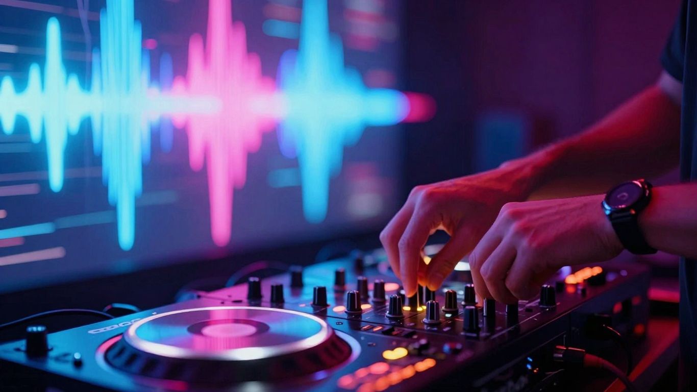 Beatsource DJ interface with glowing neon soundwaves.