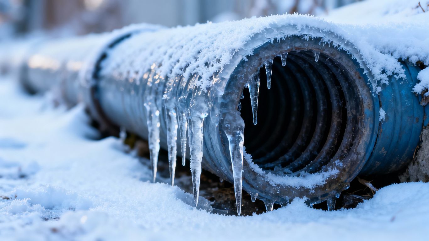 Frozen sewer pipe in winter snow