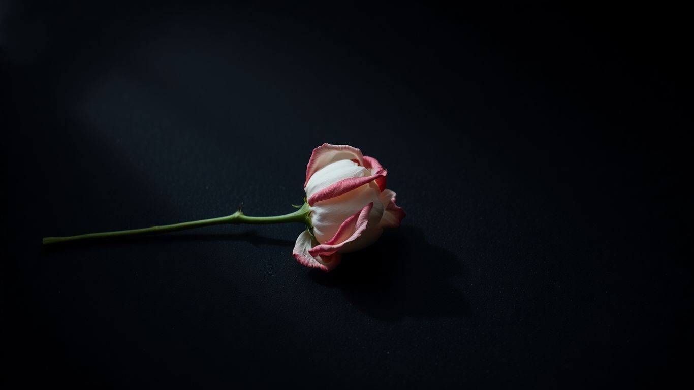 Flor murcha em superfície escura, simbolizando luto.