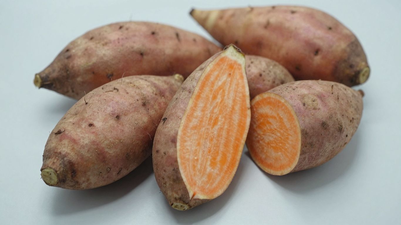 Biologische zoete aardappelen, heel en doormidden gesneden.