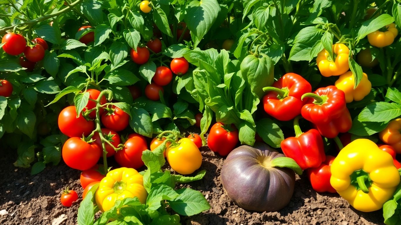 Lush organic vegetables growing in a sunny home garden.