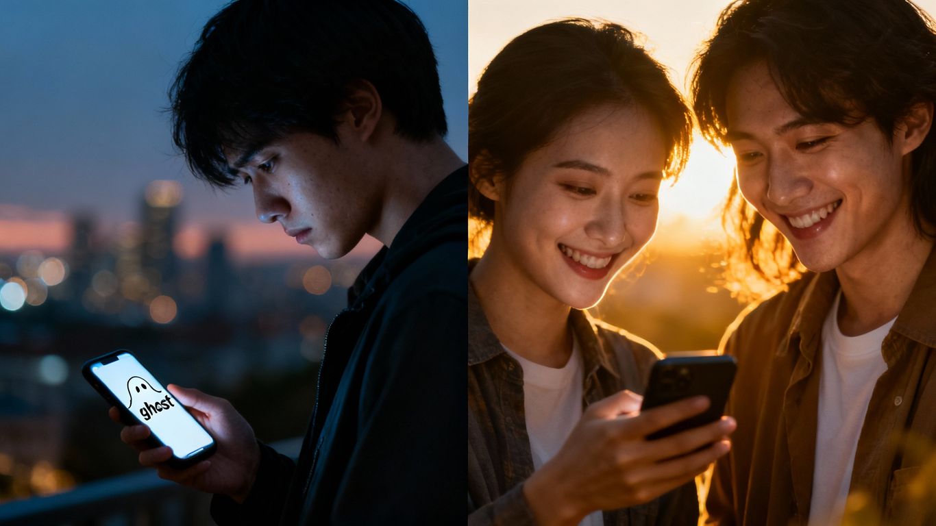 Couple texting happily, contrasted with ghosting.