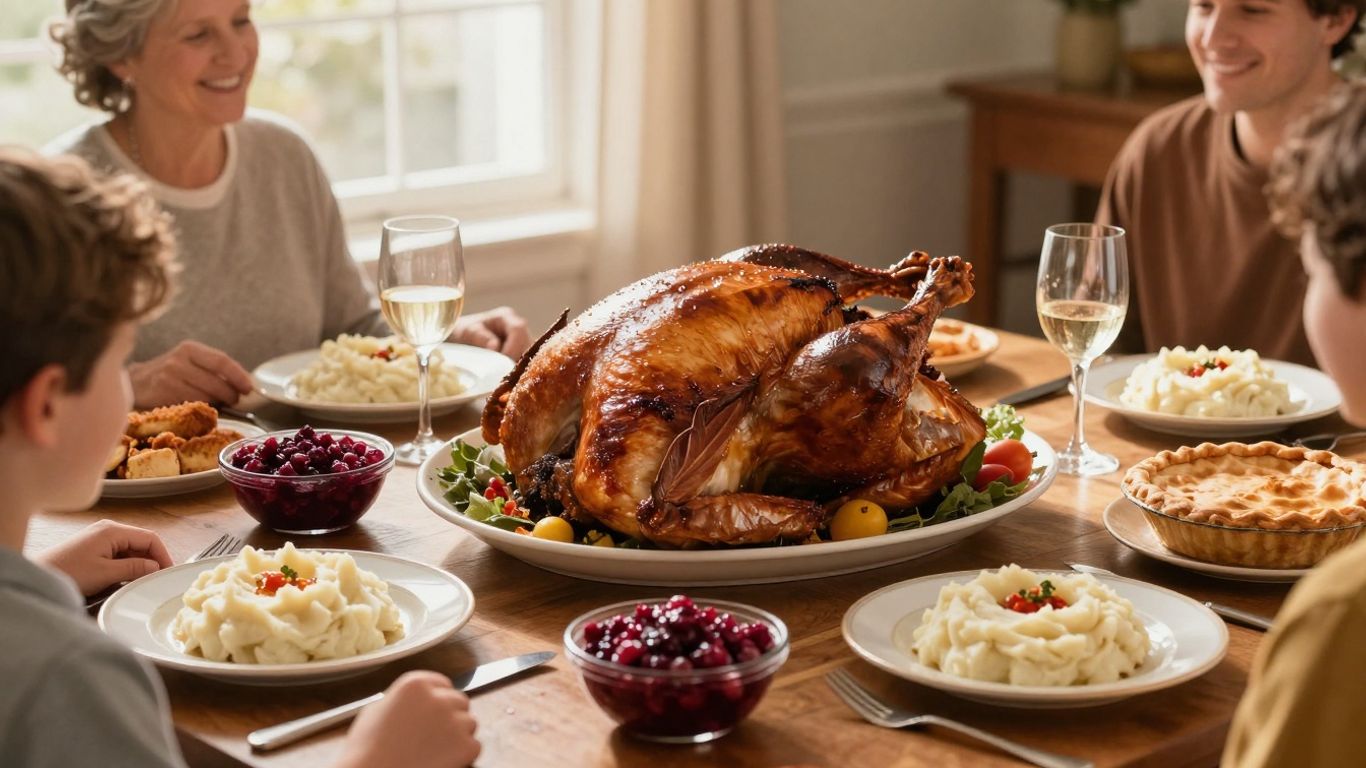 Mesa de Acción de Gracias con pavo y guarniciones.