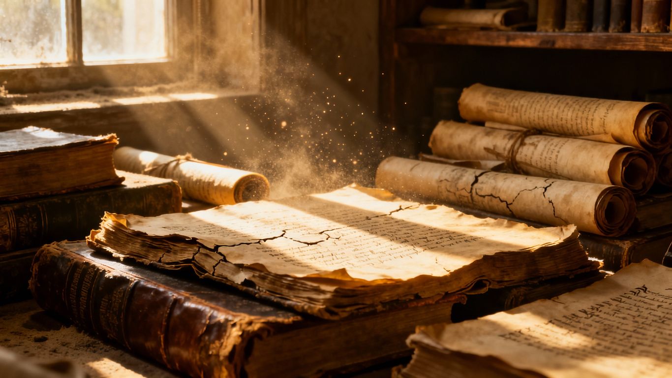 Ancient philosophical books and scrolls in dramatic lighting.