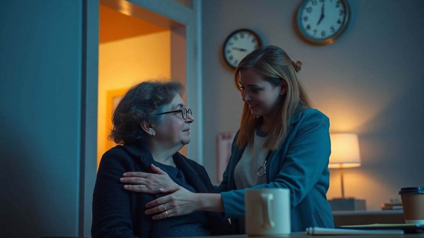 Hostel staff assisting resident at night indoors