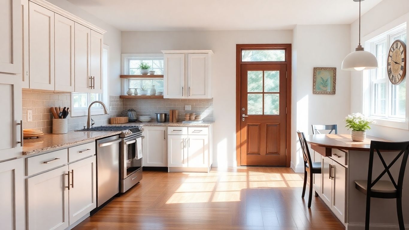 Modern kitchen remodel with granite countertops and appliances.