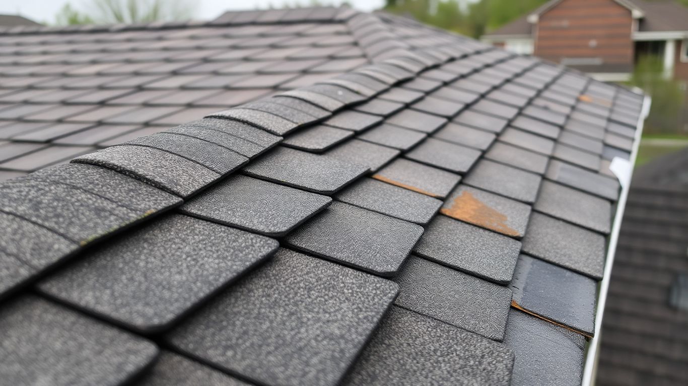 Close-up of rooftop shingles and flashing.