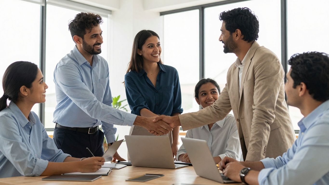 Mensen die glimlachen en handen schudden in een kantoor.