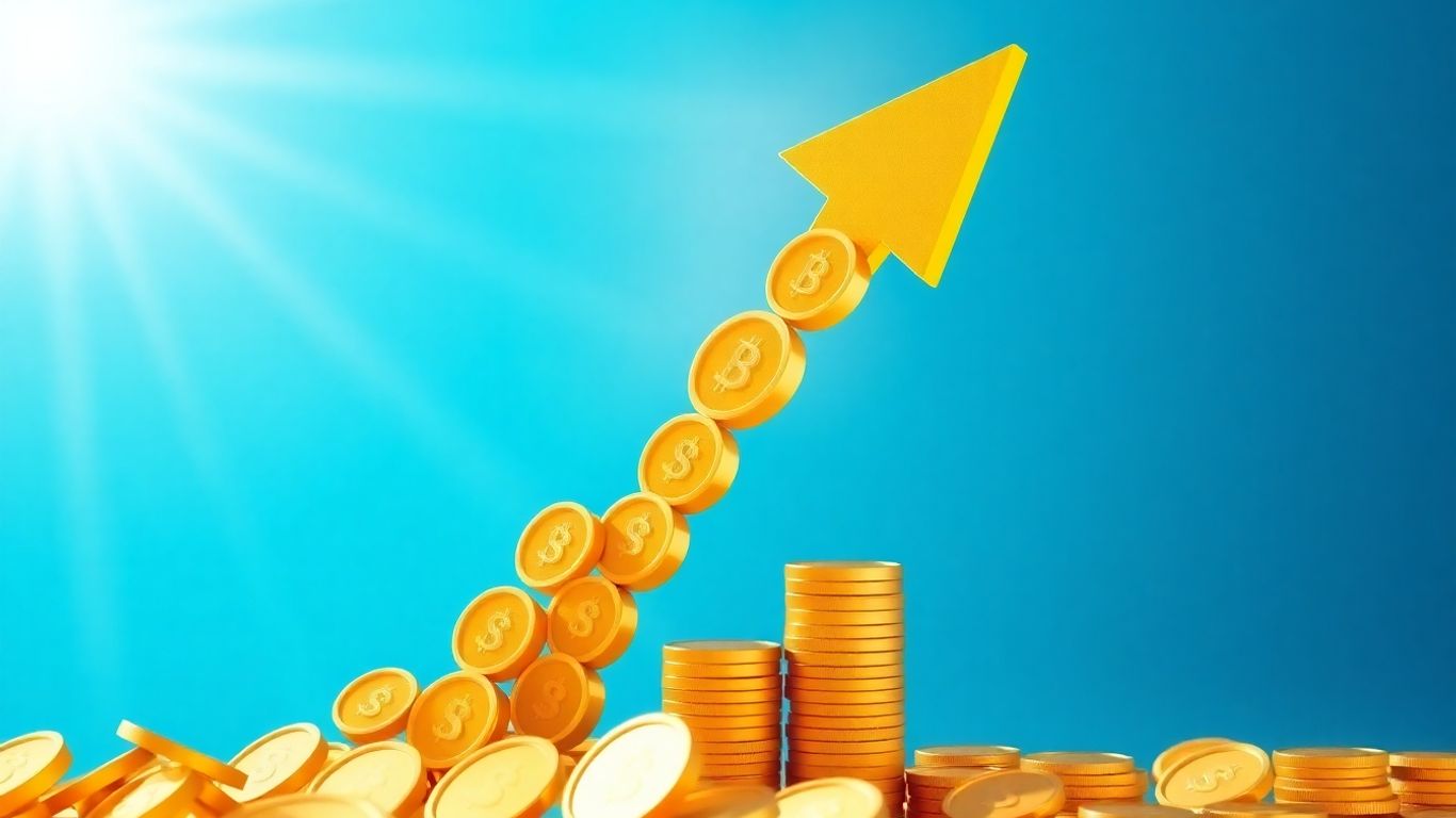 Upward arrow made of coins, financial growth concept.