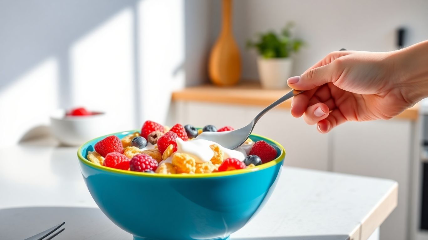 Bowl of healthy cereal with berries and milk.