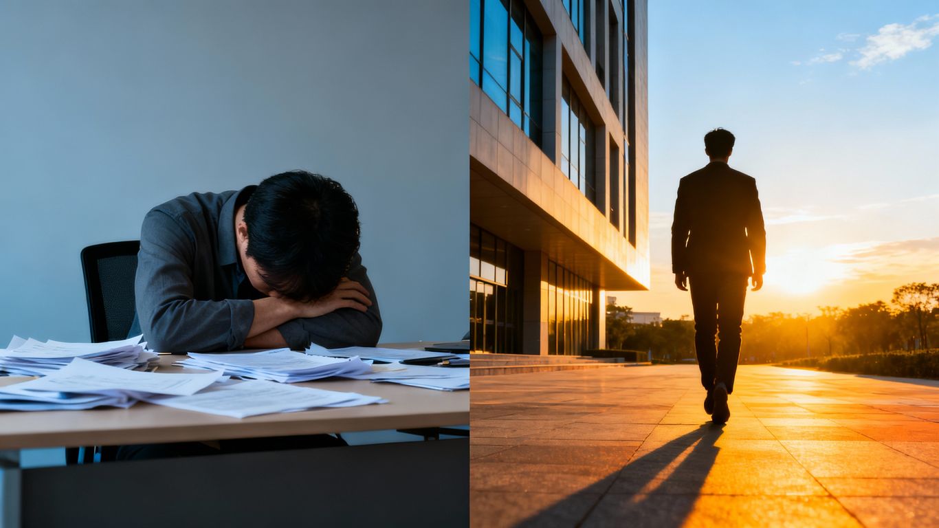 Person at desk vs. person walking away.