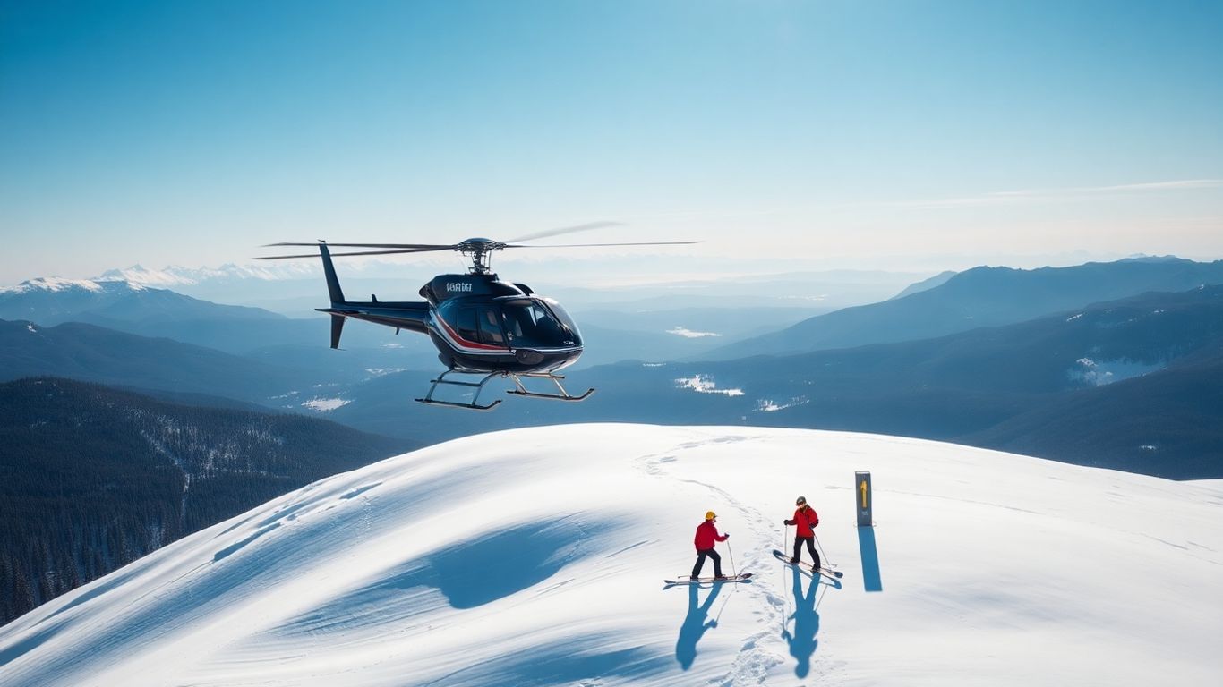 Hélicoptère et skieurs dans la nature enneigée du Canada