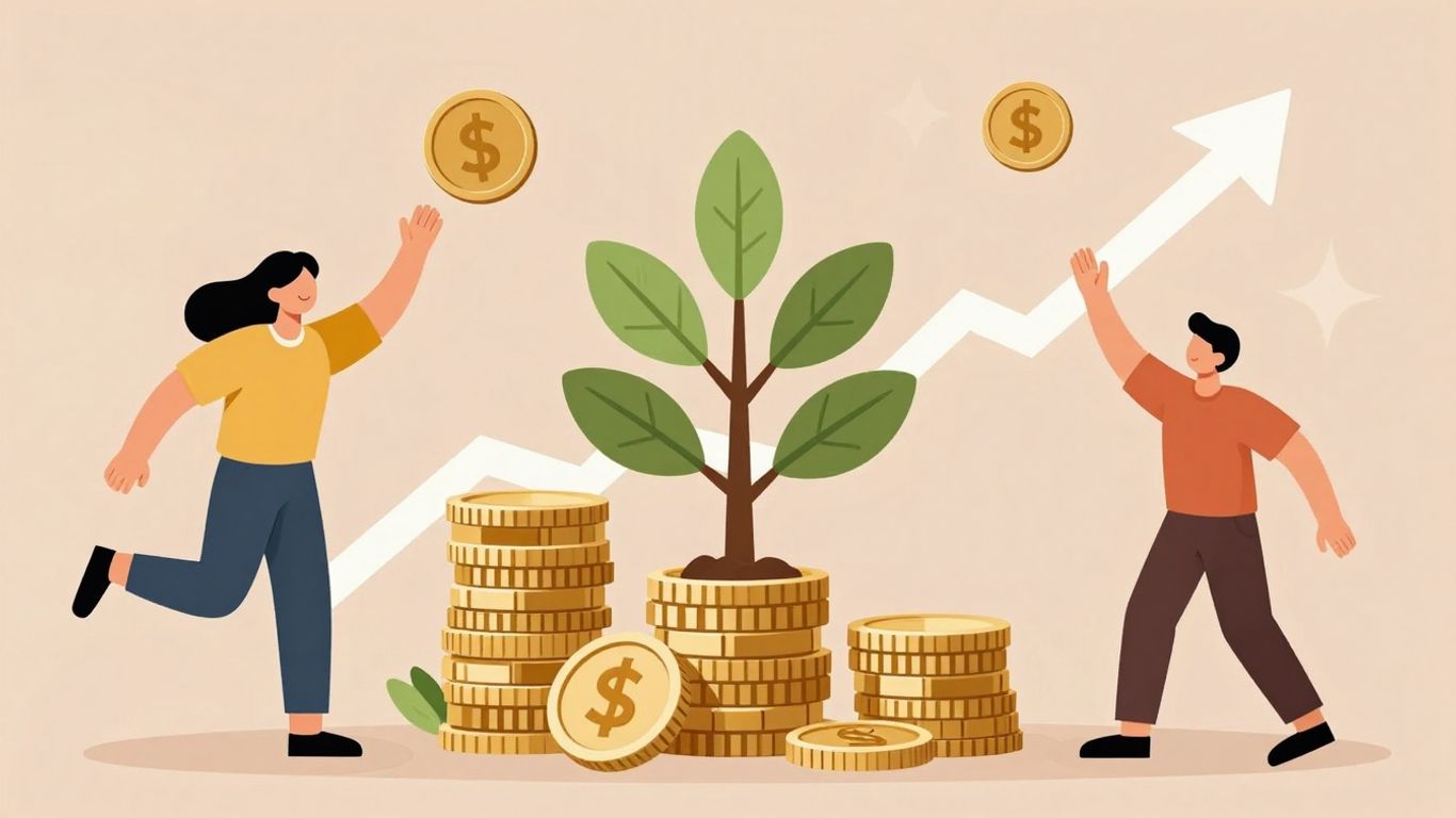 Pessoa feliz empilhando moedas e árvore de dinheiro crescendo.