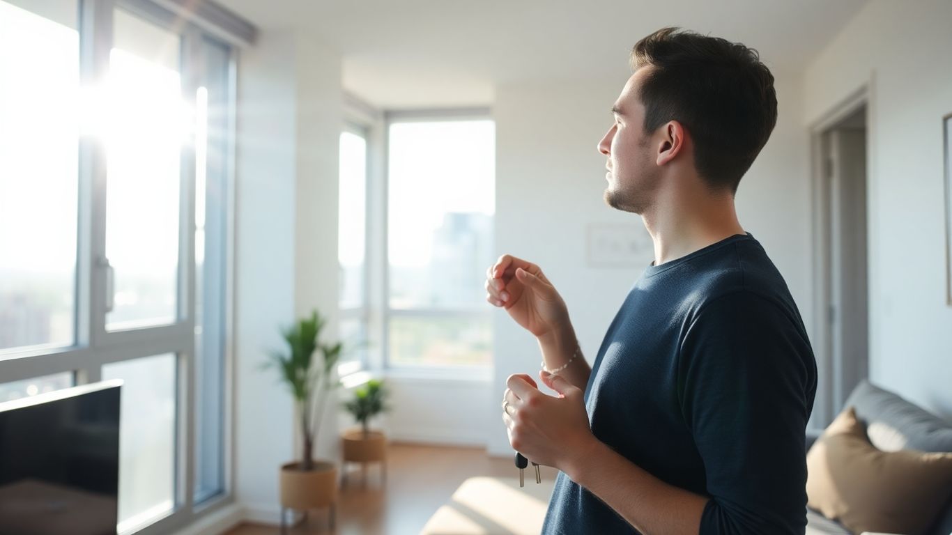 Persona mirando por la ventana de un piso nuevo.
