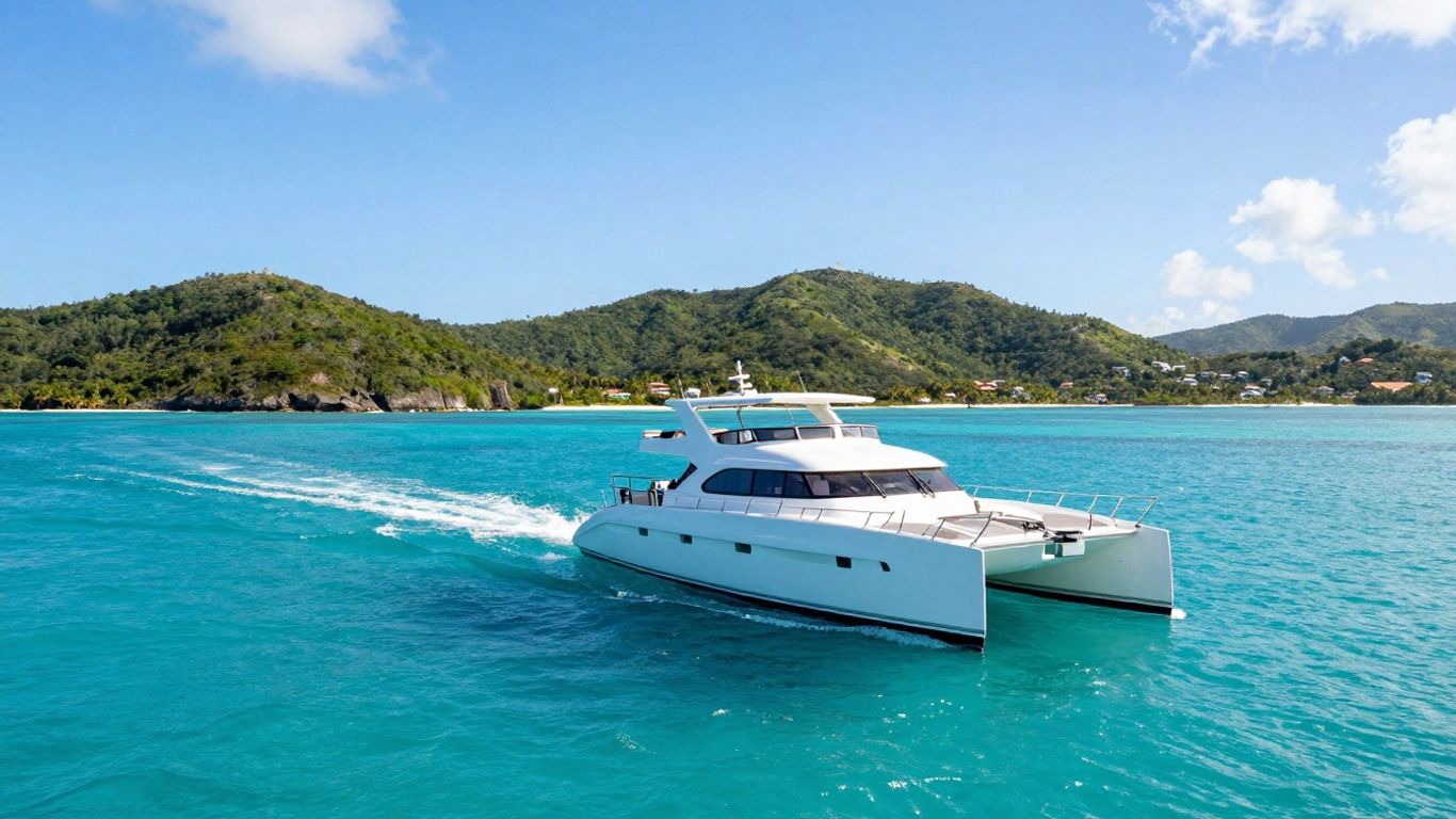 Catamaran sailing in the BVI with islands in background.