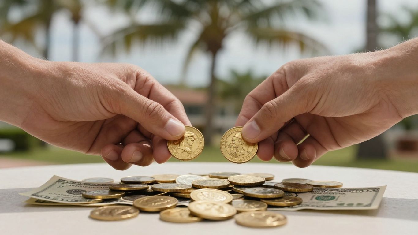 Hands exchanging gold coins and cash in Tampa outdoor setting.