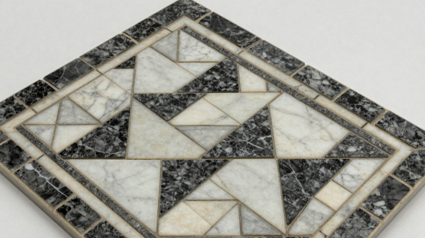 Spanish Mix marble mosaic tiles, black and white geometric patterns.