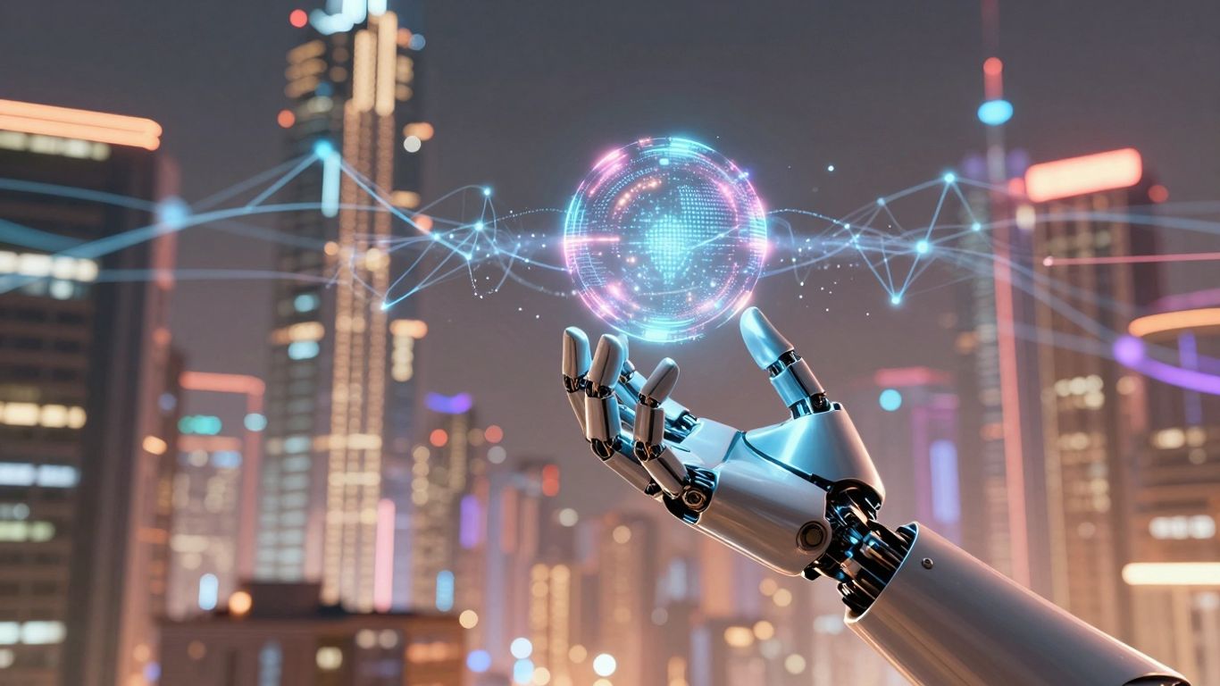 Futuristic cityscape with AI elements and robotic hand.