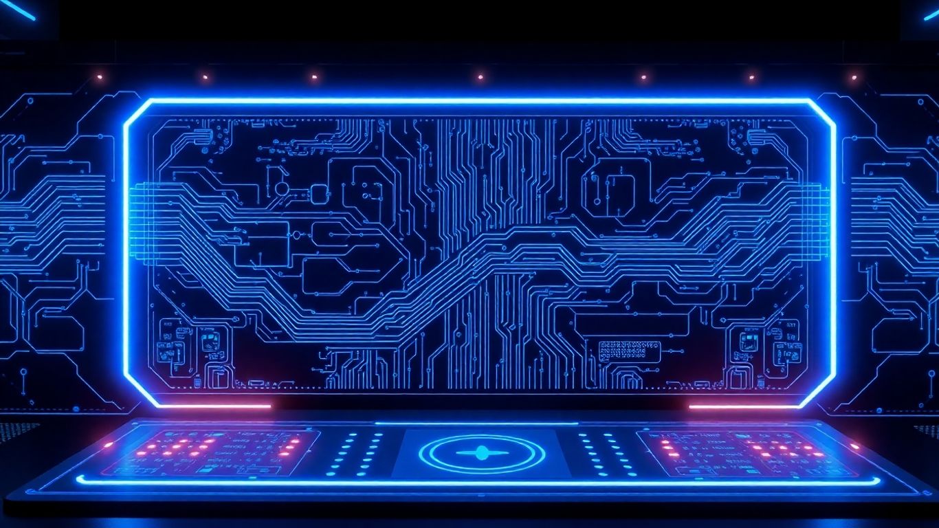 Futuristic control panel with glowing blue digital streams.