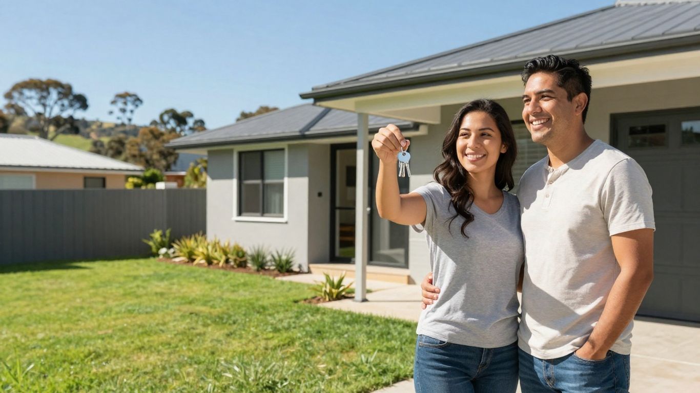 Couple holding keys outside a new home in South Australia.
