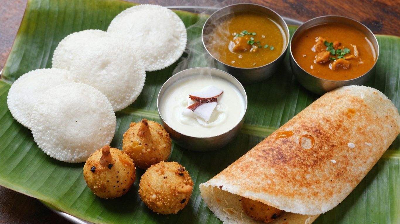 South Indian breakfast spread with idli, dosa, vada, chutney, and sambar.