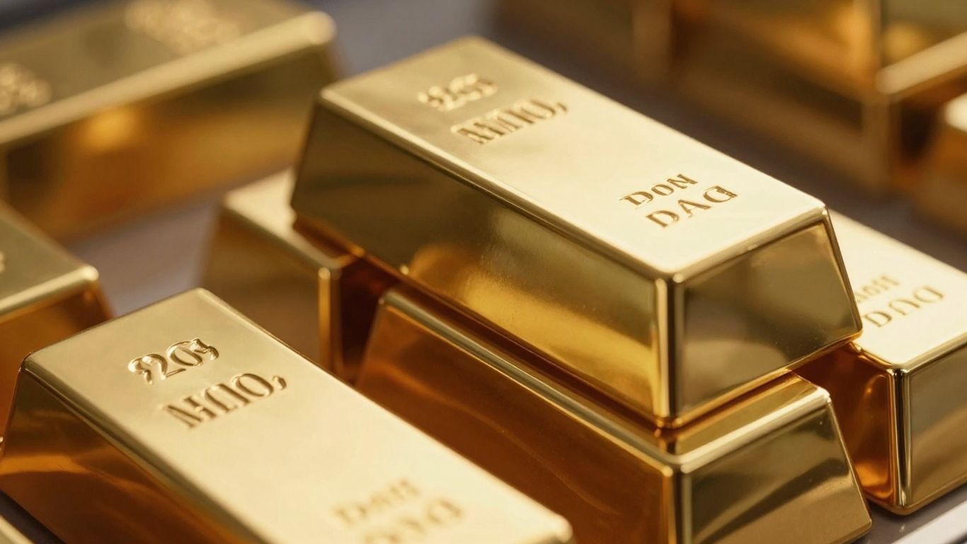 閃亮的金條堆疊在一起，特寫。