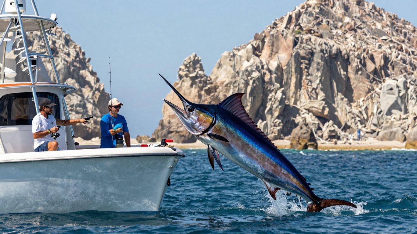 Blue marlin leaping from ocean near Cabo fishing boat