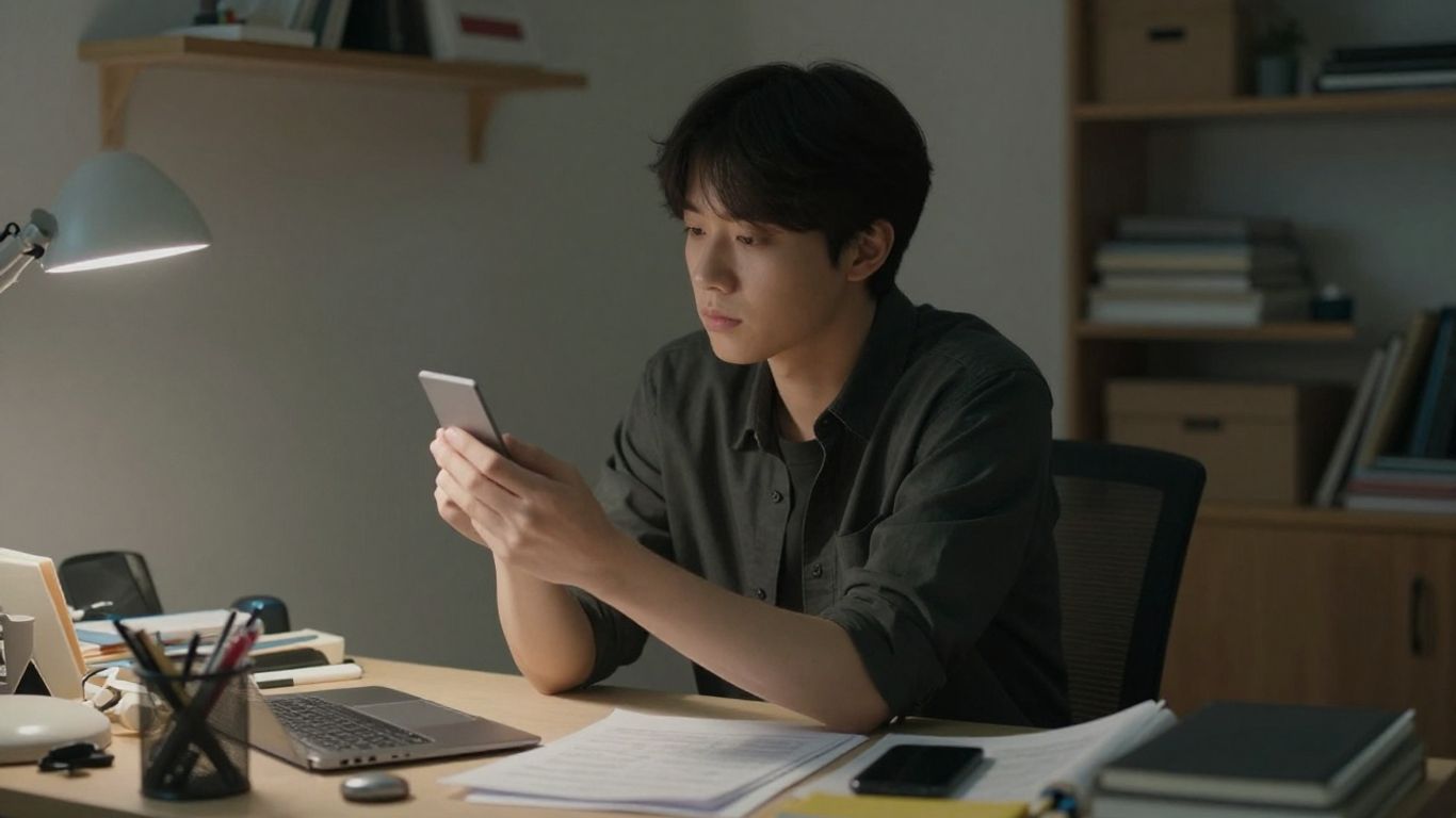 Person contemplating a single item amidst clutter.