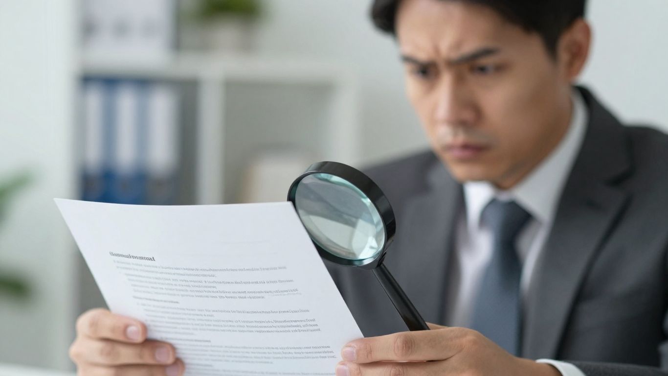 Professional reviewing contract with magnifying glass