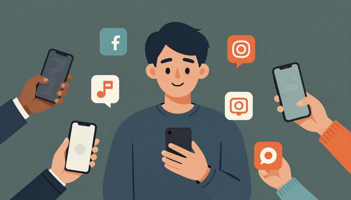 Capa ilustrativa de pessoas conectadas por meio de smartphones, cercadas de ícones de redes sociais, representando a comparação na era digital