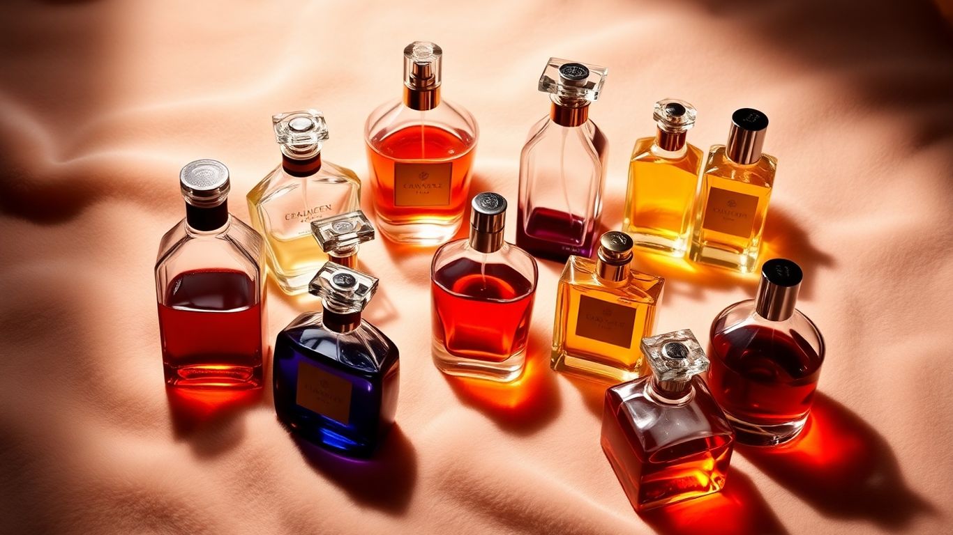Elegant perfume bottles arranged on a soft surface.