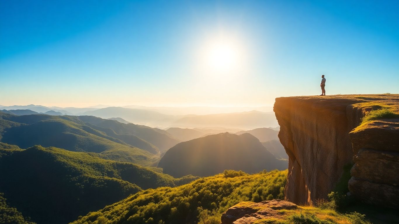 Person on cliff overlooking a bright, hopeful landscape.