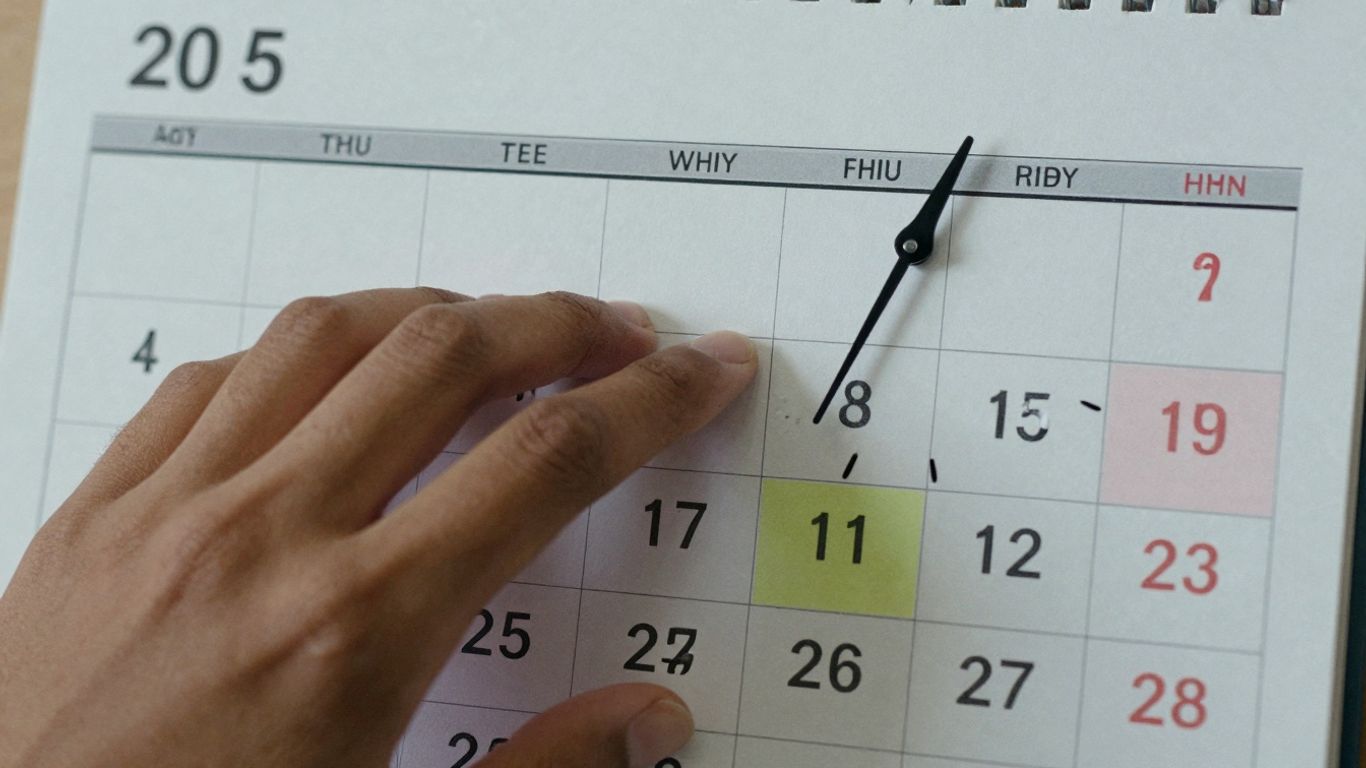 Calendário 2025 com feriado destacado e relógio.