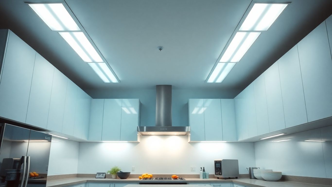 Kitchen with bright fluorescent ceiling lights.