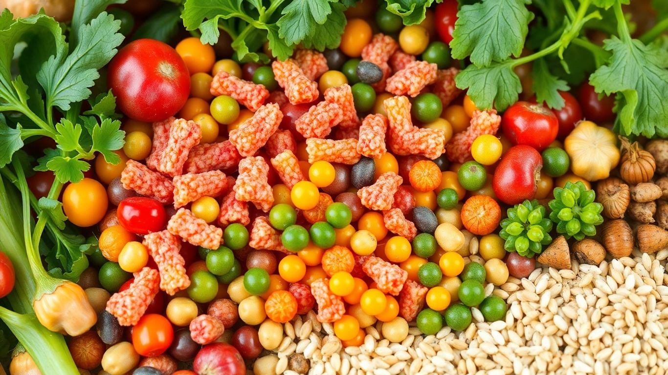 Colorful gut bacteria with fresh vegetables and grains